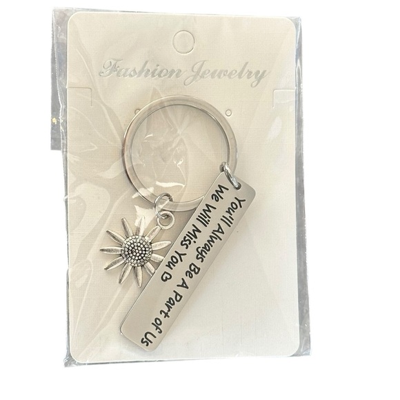 Keychain with Sunflower Charm and Engraved Tag for Someone Leaving - Picture 2 of 3